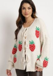 Jasnobeżowy Kardigan Wiązany z Domieszką Wełny i Wiskozy Ozdobiony Wzorem w Truskawki Cesiella. Brązowe swetry Born2be, na lato, z aplikacjami, z jeansu, eleganckie, bez ramiączek. W wyprzedaży za 118.99 zł.