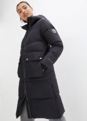 Hydrofobowy płaszcz puchowy z odblaskowymi elementami. Czarne płaszcze bonprix, bez wzorów, z materiału, bez kaptura. Za 499.99 zł.
