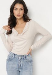 Beżowa Elegancka Bluzka z Wiskozą i Dekoltem Typu Woda Tatalira. Brązowe bluzki Born2be, l, bez wzorów, z jeansu, eleganckie, bez kołnierzyka, bez ramiączek. W wyprzedaży za 76.49 zł.