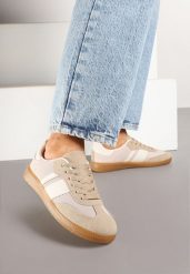 Ciemnobeżowe Sneakersy Tenisówki z Ozdobnymi Paskami Nelidi. Brązowe trampki Born2be, bez wzorów, z jeansu, casualowe, bez zapięcia. W wyprzedaży za 67.99 zł.
