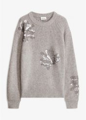 Sweter z aplikacją. Szare swetry bonprix, z aplikacjami, bez ramiączek. Za 169.99 zł.