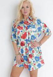 Biała Koszulowa Sukienka Mini z Guzikami i Materiałowym Paskiem Raimeda. Białe sukienki Born2be, l, bez wzorów, z materiału, bez kołnierzyka, plus size, bez ramiączek, mini, koszulowe. W wyprzedaży za 38.24 zł.