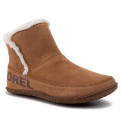 Botki Sorel. Brązowe botki Sorel, bez wzorów, bez obcasa, na płaskiej podeszwie, bez zapięcia. Za 269.99 zł.