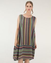 Sukienka mini w paski. Zielone sukienki Unisono, s, bez wzorów, z tkaniny, bez kołnierzyka, bez ramiączek, mini. Za 129.00 zł.