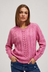 Sweter z ozdobnym splotem fuksjowy. Swetry MOODO, l, bez wzorów, z poliesteru, bez ramiączek. W wyprzedaży za 59.99 zł.