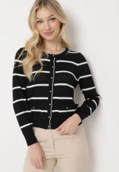 Czarny Kardigan w Paseczki z Eleganckimi Guziczkami Myrth. Czarne swetry Born2be, m, bez wzorów, z jeansu, eleganckie, bez ramiączek. W wyprzedaży za 127.49 zł.