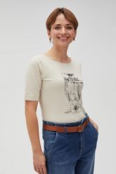 Bluzka z nadrukiem i napisem beżowa. Brązowe bluzki MOODO, l, bez wzorów, z bawełny, bez kołnierzyka, bez ramiączek. Za 49.99 zł.