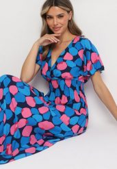 Granatowo-Różowa Kopertowa Taliowana Sukienka z Bawełny w Geometryczny Wzór z Gumką w Pasie Enelsea. Niebieskie sukienki Born2be, m, bez wzorów, z bawełny, bez kołnierzyka, bez ramiączek, maxi, kopertowe. W wyprzedaży za 55.24 zł.