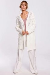 Długi kardigan ażurowy sweter damski z paskiem ecru. Białe swetry MOE, l, w ażurowe wzory, z dzianiny, biznesowe, bez ramiączek. Za 249.00 zł.