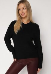 Czarny Sweter z Domieszką Kaszmiru z Dekoltem w Serek Feralaine. Czarne swetry Born2be, bez wzorów, z jeansu, eleganckie, bez ramiączek. Za 99.99 zł.