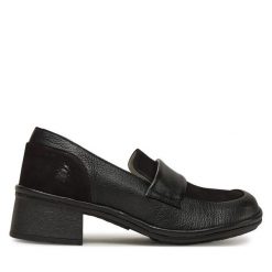 Półbuty Fly London. Czarne półbuty wsuwane Fly London, bez wzorów, bez obcasa, na obcasie. Za 529.99 zł.