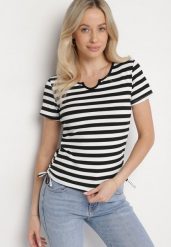 Czarno-Biały Prążkowany T-shirt w Paski Ściągany Troczkiem Zelretis. Czarne t-shirty Born2be, m, bez wzorów, z jeansu, eleganckie, bez kołnierzyka, bez ramiączek. Za 59.99 zł.