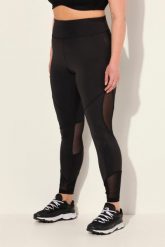 Damskie Legginsy sportowe wstawka z siateczki kieszeń z recyklingu. Czarne legginsy sportowe Ulla Popken, plus size, bez wzorów, z elastanu, z podwyższonym stanem. Za 239.99 zł.