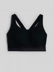 4F Biustonosz treningowy ze średnim wsparciem damski - czarny M. Czarne biustonosze sportowe 4f, bez wzorów, z gumy, na fitness i siłownię. Za 149.99 zł.