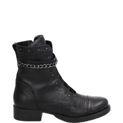 CZARNE BOTKI 267014 BLACK. Czarne botki Venezia, bez wzorów, ze skóry, bez obcasa, bez zapięcia. Za 319.00 zł.