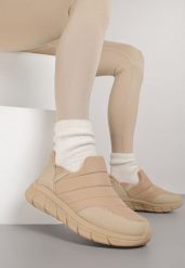 Ciemnobeżowe Sneakersy Śniegowce na Platformie z Tłoczeniem i Pikowaną Cholewką Vermina. Brązowe śniegowce Renee, bez wzorów, z dresówki, bez zapięcia. Za 49.99 zł.