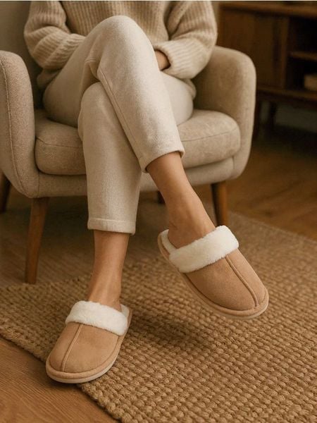 Kapcie ze sztucznym futerkiem - beżowy. Brązowe kapcie Sinsay, bez wzorów. Za 29.99 zł.