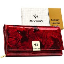 Lakierowany, czerwony portfel damski ze skóry naturalnej, zamykany zatrzaskiem Rovicky RH-20A-1-DBF. Czerwone portfele bez wzorów, z lakierowanej skóry. Za 89.99 zł.
