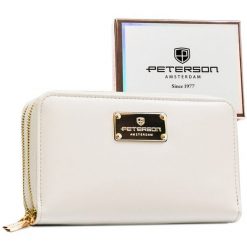 Portfel damski w typie piórnika ze skóry ekologicznej w białym kolorze, wyposażony w system RFID - Peterson. Białe portfele Peterson, bez wzorów, ze skóry ekologicznej. Za 104.99 zł.