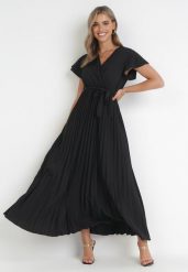 Czarna Elegancka Sukienka Maxi w Plisy z Kopertowym Dekoltem i Wiązaniem Thessi. Czarne sukienki Born2be, m, bez wzorów, eleganckie, bez kołnierzyka, bez ramiączek, maxi, kopertowe. W wyprzedaży za 63.74 zł.
