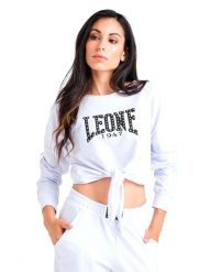 Luksusowa damska bluza wiązana z okrągłym dekoltem. Białe bluzy LEONE 1947 APPAREL, na lato, l, z aplikacjami, z bawełny, sportowe, bez ramiączek, z kapturem. Za 84.16 zł.