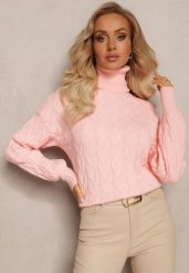 Różowy Sweterkowy Golf o Warkoczykowym Splocie Taitusi. Czerwone swetry Renee, na zimę, bez wzorów, ze splotem, bez ramiączek. W wyprzedaży za 95.99 zł.