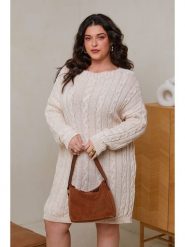 Curvy Lady Sukienka dzianinowa w kolorze beżowym rozmiar: 44/46. Brązowe sukienki Curvy Lady, bez wzorów, z dzianiny, klasyczne, bez kołnierzyka, bez ramiączek, midi. Za 127.65 zł.