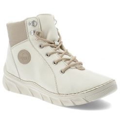 Botki damskie Rieker, na grubej podeszwie antistress zapinane na zamek i za kostkę, białe, 55040-80. Białe botki Rieker, bez wzorów, z syntetyku, za kostkę, bez obcasa, bez zapięcia. Za 299.00 zł.