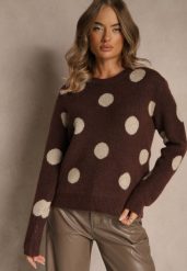 Brązowy Sweter z Wełną o Prostym Kroju w Grochy Fenilevia. Brązowe swetry Renee, bez wzorów, z jeansu, casualowe, bez ramiączek. Za 149.99 zł.