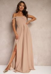 Ciemnobeżowa Elegancka Długa Sukienka Hiszpanka Wykończona Rozcięciem na Dole Idelia. Brązowe sukienki Renee, l, bez wzorów, z materiału, eleganckie, bez kołnierzyka, bez ramiączek, maxi. W wyprzedaży za 118.99 zł.