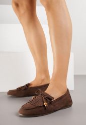 Brązowe Mokasyny z Koralikami Kokardą i Frędzlami Nahda. Brązowe mokasyny Renee, bez wzorów, z jeansu. Za 89.99 zł.