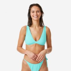 Góra stroju kąpielowego Roxy trójkąt. Niebieskie bikini Roxy, bez wzorów, z materiału, klasyczne. Za 79.99 zł.