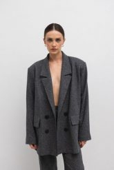 Wełniana marynarka z marszczeniem w kolorze GRAFIT nakrapiany -ROCHELLE-M/L. Białe marynarki i żakiety Marsala, l, bez wzorów, z jeansu, eleganckie, bez ramiączek. W wyprzedaży za 595.45 zł.
