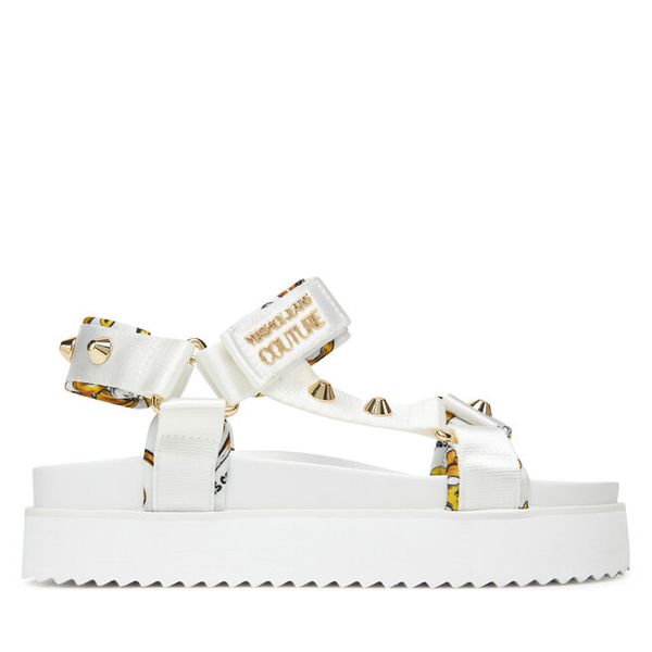 Sandały Versace Jeans Couture. Białe sandały Versace Jeans Couture, bez wzorów, z jeansu, bez obcasa, na płaskiej podeszwie, bez zapięcia. Za 879.99 zł.