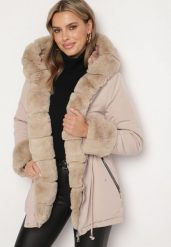 Beżowa Kurtka Parka Ozdobiona Pluszowym Futerkiem Vertiary. Brązowe kurtki Born2be, l, bez wzorów, z jeansu, eleganckie, bez kaptura. W wyprzedaży za 178.49 zł.