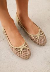 Ciemnobeżowe Siateczkowe Balerinki z Plecioną Cholewką z Kokardką Lilinrelle. Brązowe baleriny Born2be, bez wzorów, z jeansu, klasyczne, bez obcasa, bez zapięcia. Za 69.99 zł.