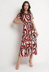 Czerwona Sukienka Koszulowa w Geometryczny Wzór z Paskiem Zimorae. Czerwone sukienki Born2be, l, bez wzorów, eleganckie, bez kołnierzyka, bez ramiączek, koszulowe. Za 199.99 zł.
