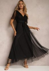 Czarna Siateczkowa Sukienka z Kopertowym Dekoltem Wiązana w Talii Niblea. Czarne sukienki Renee, na co dzień, m, bez wzorów, eleganckie, bez kołnierzyka, bez ramiączek, maxi, kopertowe. W wyprzedaży za 83.99 zł.