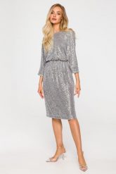 Cekinowa Sukienka Wieczorowa - Srebrna. Szare sukienki MOE, l, bez wzorów, z materiału, wizytowe, bez kołnierzyka, bez ramiączek. Za 434.90 zł.