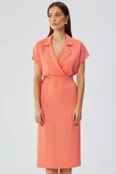 Elegancka sukienka z kołnierzem pomarańczowa. Brązowe sukienki Stylove, do pracy, l, bez wzorów, z elastanu, biznesowe, bez kołnierzyka, bez ramiączek, midi, dopasowane. Za 349.00 zł.