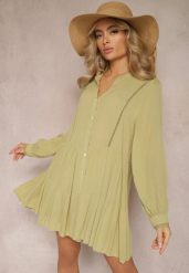 Zielona Rozkloszowana Sukienka Koszulowa Mini w Stylu Boho Binessa. Zielone sukienki Renee, l, bez wzorów, boho, bez kołnierzyka, bez ramiączek, mini, koszulowe. W wyprzedaży za 91.99 zł.