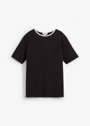 T-shirt z kontrastowym elementem. Czarne t-shirty bonprix, bez wzorów, bez kołnierzyka, bez ramiączek. Za 24.99 zł.