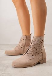 Ciemnobeżowe Sznurowane Botki z Ażurową Cholewką Zeliana. Brązowe botki Born2be, w ażurowe wzory, z jeansu, klasyczne, bez obcasa, na płaskiej podeszwie, bez zapięcia. Za 119.99 zł.