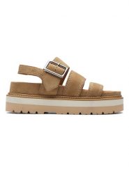 Clarks Skórzane sandały w kolorze jasnobrązowym na obcasie rozmiar: 37. Brązowe sandały Clarks, bez wzorów, z otwartym noskiem, bez obcasa, na koturnie, bez zapięcia. Za 200.13 zł.