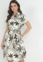 Ciemnozielona Koszulowa Sukienka Mini z Materiałowym Paskiem z Wzorzystej Bawełny Besana. Zielone sukienki Born2be, l, bez wzorów, z bawełny, bez kołnierzyka, bez ramiączek, mini, koszulowe. W wyprzedaży za 89.24 zł.
