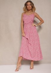 Różowa Rozkloszowana Sukienka z Bawełny na Ramiączkach Jenarissea. Czerwone sukienki Renee, na wesele, l, bez wzorów, z bawełny, eleganckie, bez kołnierzyka, bez ramiączek, maxi, kopertowe. W wyprzedaży za 39.99 zł.
