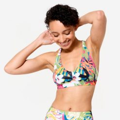Góra kostiumu kąpielowego surfingowego damska Olaian Agatha Kwiaty. Zielone bikini OLAIAN, bez wzorów, z elastanu, sportowe. Za 89.99 zł.