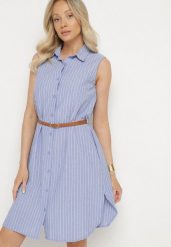 Granatowa Koszulowa Sukienka Bez Rękawów z Bawełny z Paskiem z Klamrą Mepea. Niebieskie sukienki Born2be, na co dzień, l, bez wzorów, z bawełny, eleganckie, bez kołnierzyka, bez ramiączek, midi, kopertowe. Za 99.99 zł.