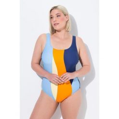 Damskie Strój kąpielowy szerokie kolorowe pasy bez miękkich miseczek. Niebieskie stroje jednoczęściowe Ulla Popken, bez wzorów, z elastanu, sportowe. Za 199.99 zł.