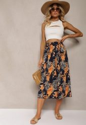 Granatowo-Pomarańczowe Spodnie High Waist z Szerokimi Nogawkami z Gumką w Talii i Materiałowym Paskiem Berlefia. Niebieskie jeansy Renee, na lato, l, bez wzorów, z jeansu, z podwyższonym stanem. W wyprzedaży za 39.99 zł.